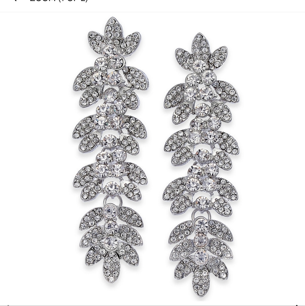 INC Silver-Tone Crystal Leaf Linear Drop Earrings